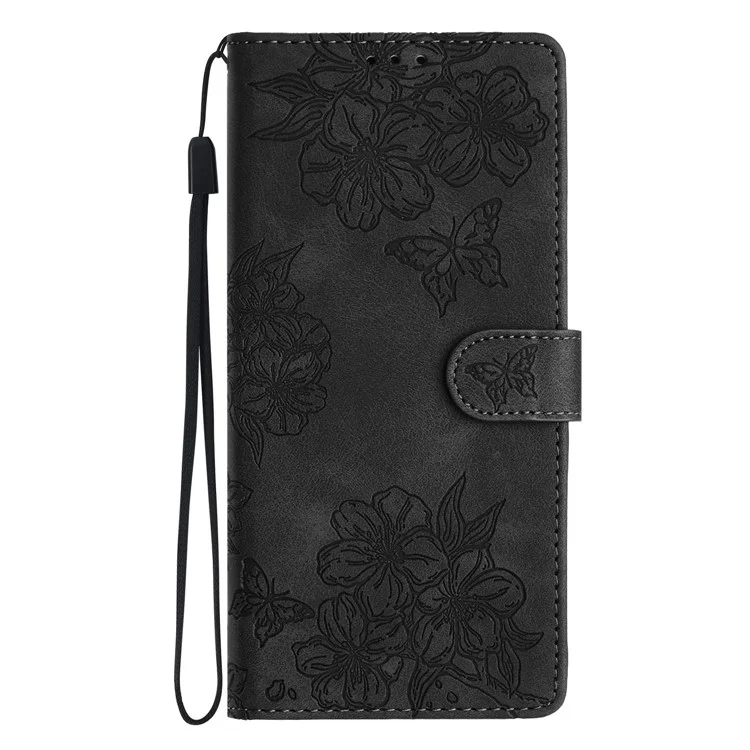 Funda de teléfono con efecto piel para iPhone 14 Plus, con diseño de mariposa y flores, cartera - Negro