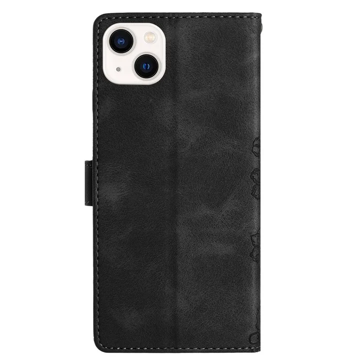 Funda de teléfono con efecto piel para iPhone 14 Plus, con diseño de mariposa y flores, cartera - Negro