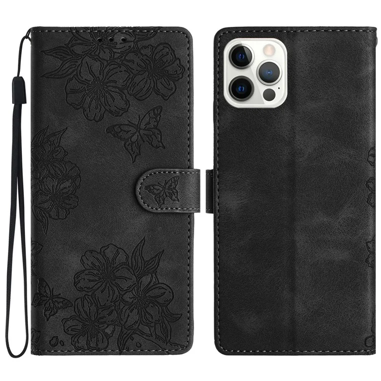 Für iPhone 15 Pro Case Sakura Butterfly Imprint Skin-Touch Leder Brieftasche Handyhülle - Schwarz