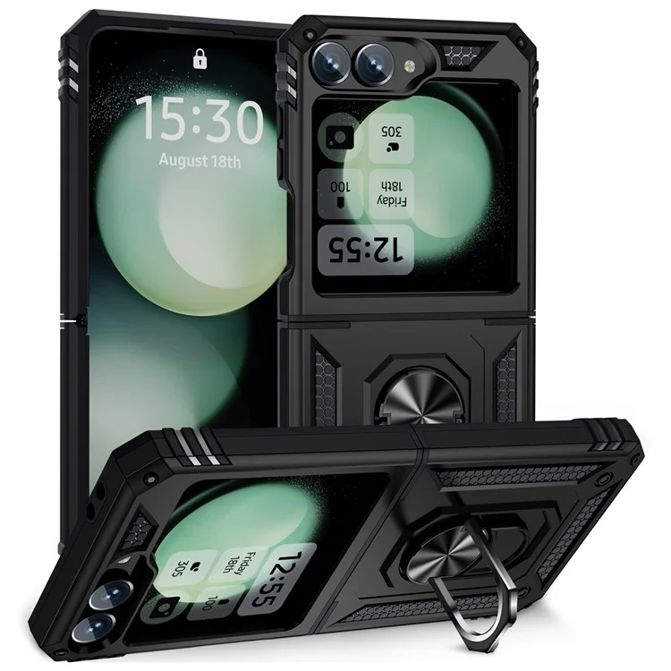 Para Samsung Galaxy Z Flip6 5G Carcasa TPU+PC Funda Protectora del Teléfono con Soporte de Anillo de Rotación - Negro