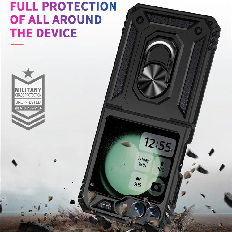 Para Samsung Galaxy Z Flip6 5G Carcasa TPU+PC Funda Protectora del Teléfono con Soporte de Anillo de Rotación - Negro
