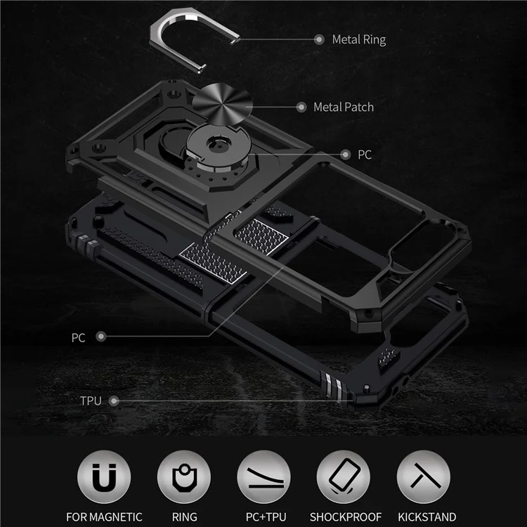 Para Samsung Galaxy Z Flip6 5G Carcasa TPU+PC Funda Protectora del Teléfono con Soporte de Anillo de Rotación - Negro