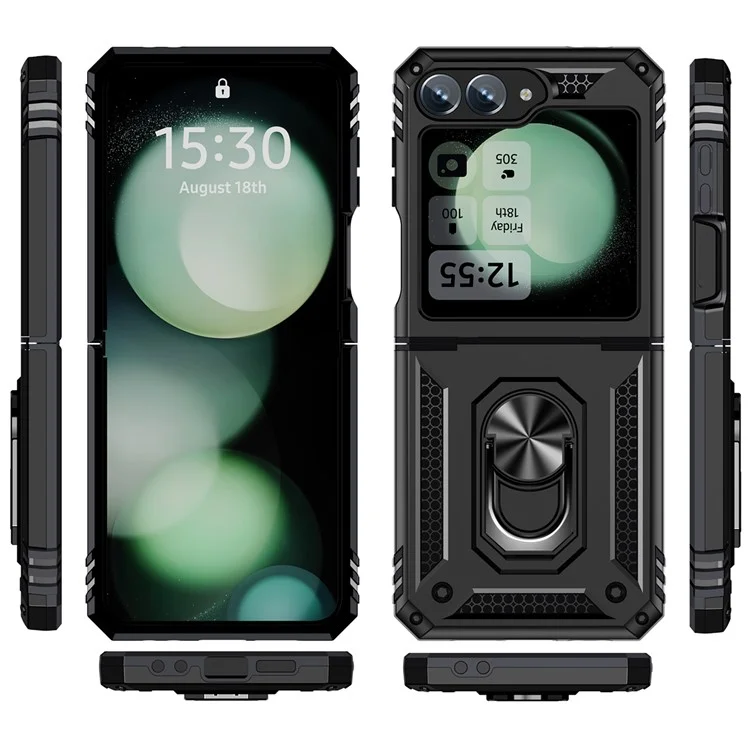 Para Samsung Galaxy Z Flip6 5G Carcasa TPU+PC Funda Protectora del Teléfono con Soporte de Anillo de Rotación - Negro
