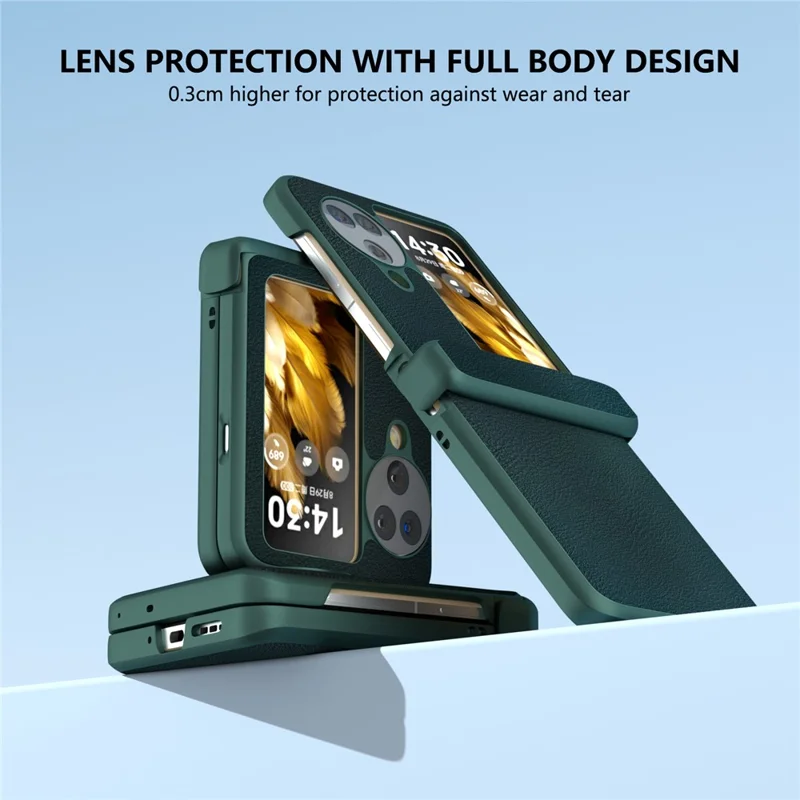 For Oppo Find N3 Flip 5G Case Hinge Protection Leather Coated PC Folding Phone Cover - Dark Green