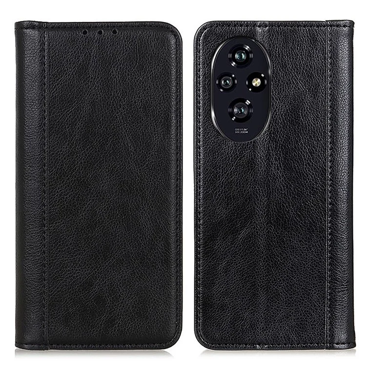 For Honor 200 Pro 5G Case Split Leather Litchi Texture Phone Cover Wallet Stand - Black
