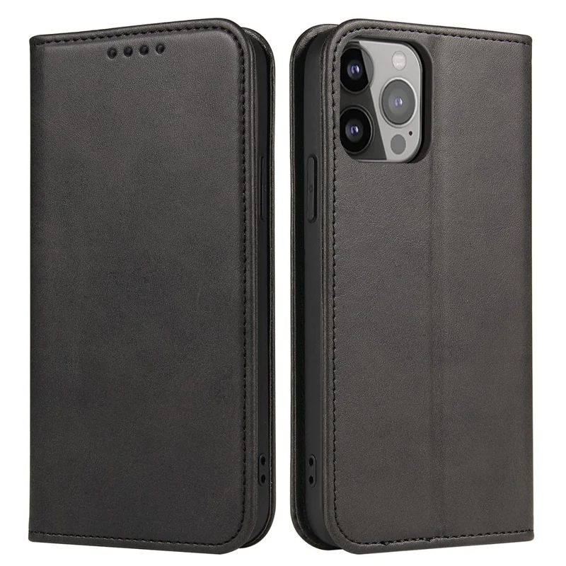 For iPhone 16 Pro Case Leather Phone Cover Strong Magnetic Card Holder - Black