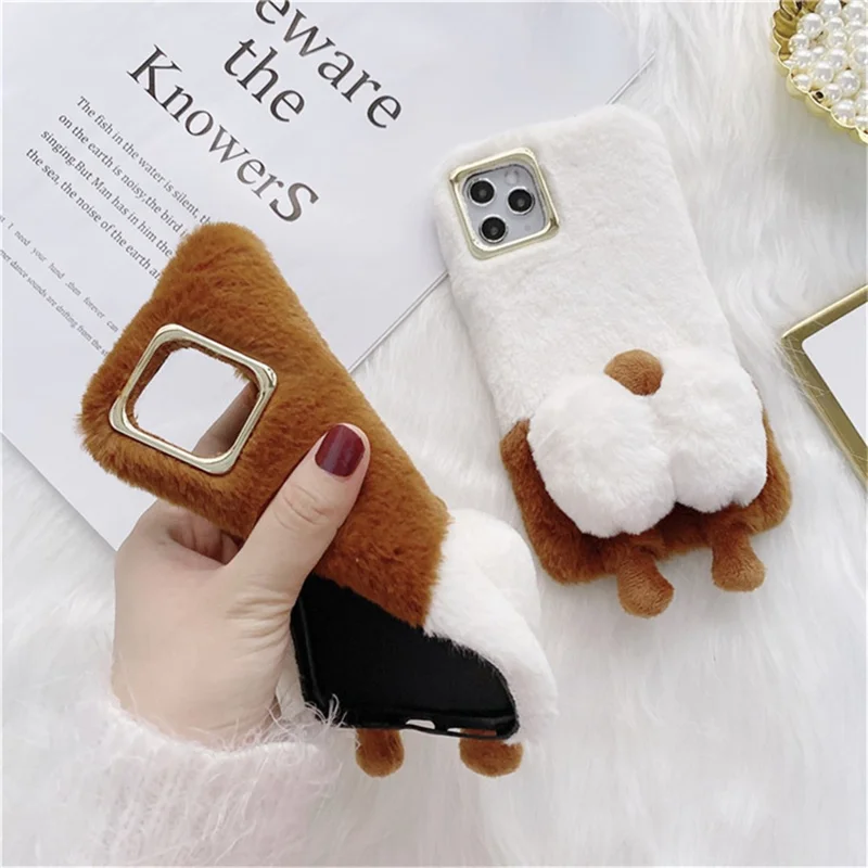 For iPhone 14 Pro 6.1 inch Fluffy Phone Case Warm Plush+TPU Soft Phone Shell Cover - White