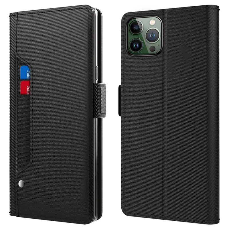 Per iPhone 16 Pro Max Case PU Leather Card Slot Mirror Folio Phone Cover - Nero