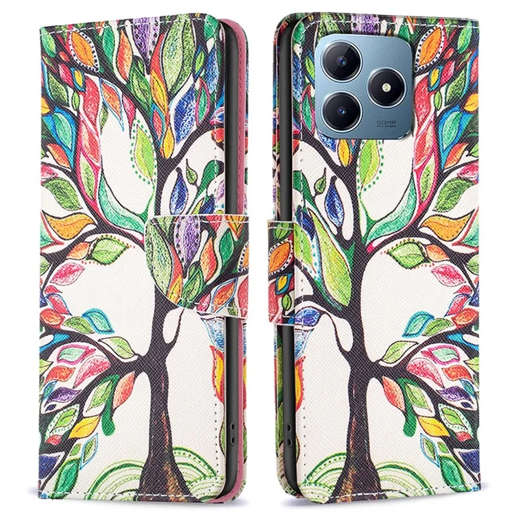 For Realme Note 60x 4G / C63 4G / C61 4G Case Pattern PU Leather Phone Cover Card Slots Folding Stand - Life Tree