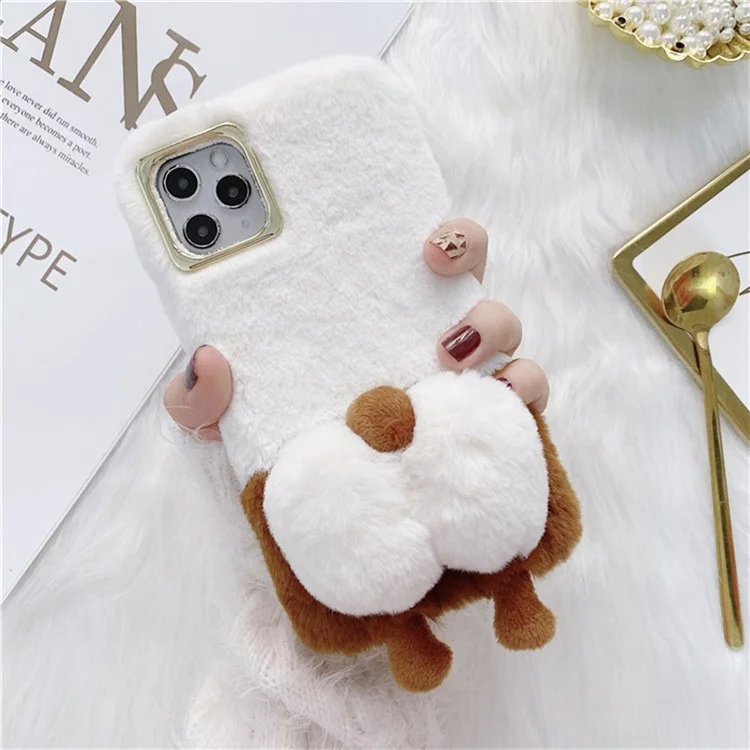 For iPhone 13 Pro 6.1 inch Anti-tear Cute Fluffy Cell Phone Case Warm Plush+TPU Soft Phone Cover - White