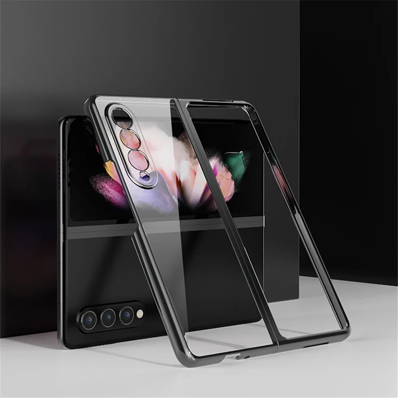 Para Samsung Galaxy Z Fold3 5G Capa Armação de Metal Revestido + Capa de Telefone de Vidro Temperado - Preto