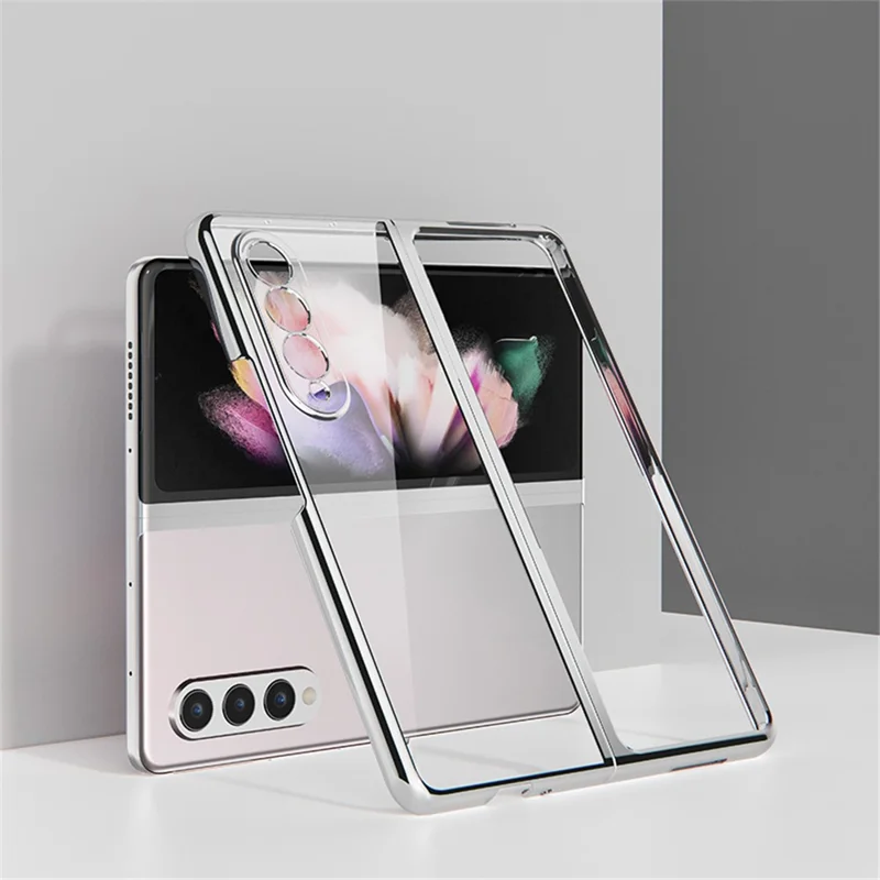 For Samsung Galaxy Z Fold3 5G Case Electroplating Metal Frame + Tempered Glass Phone Cover - Silver