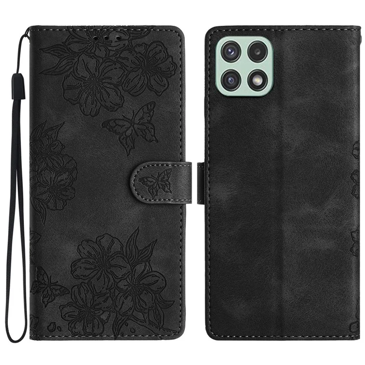 For Samsung Galaxy A22 5G (EU Version) Case Sakura Butterfly Pattern Anti-Scratch Leather Phone Cover - Black
