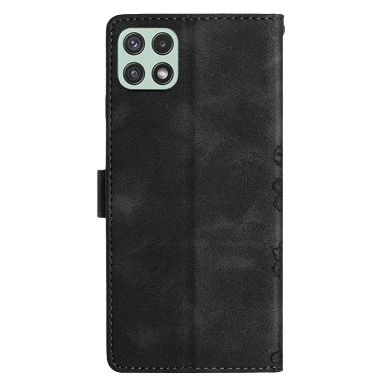 For Samsung Galaxy A22 5G (EU Version) Case Sakura Butterfly Pattern Anti-Scratch Leather Phone Cover - Black