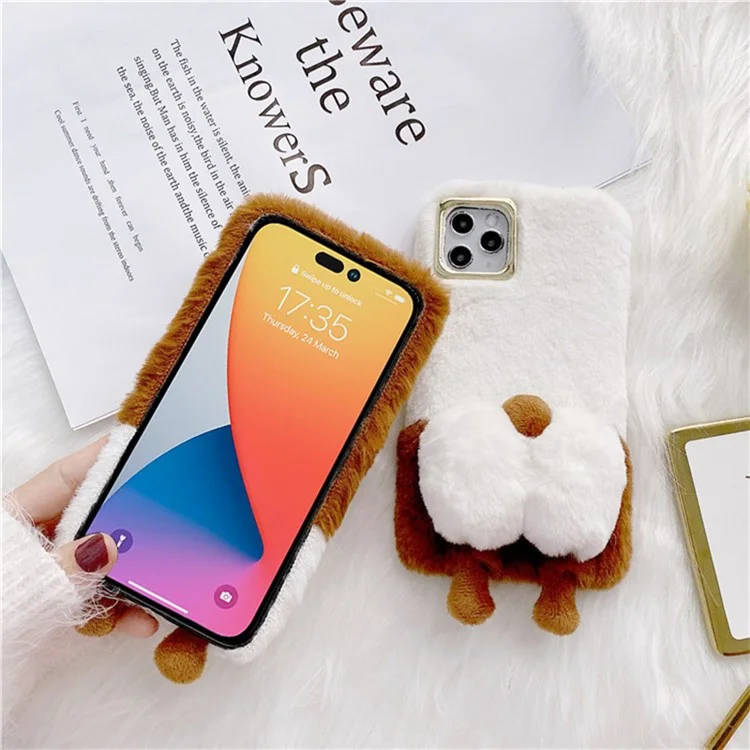 Cute Phone Shell for iPhone 14 6.1 inch, Fluffy Phone Case Warm Plush+TPU Soft Phone Cover - Brown