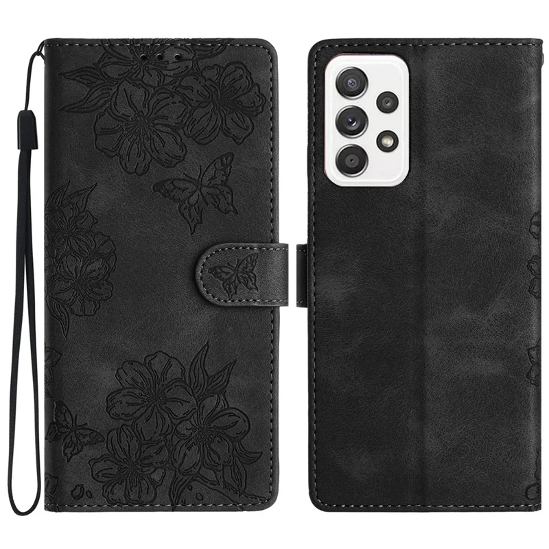 For Samsung Galaxy A53 5G Phone Case Sakura Butterfly Pattern Skin-Touch PU Leather Cover - Black