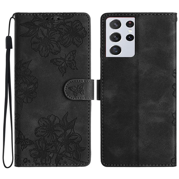 For Samsung Galaxy S21 Ultra 5G Wholesale Phone Shell PU Leather Imprinted Pattern Wallet Phone Cover - Black