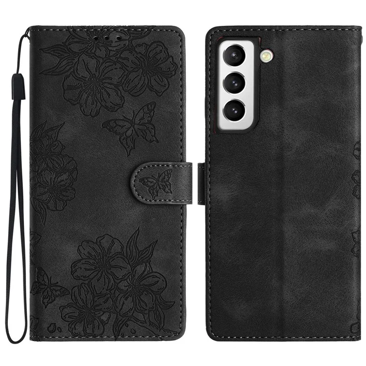 Pour Samsung Galaxy S21 5G / 4G Wholesale Phone Stand Case Sakura Butterfly Imprinted PU Leather Phone Cover - Noir