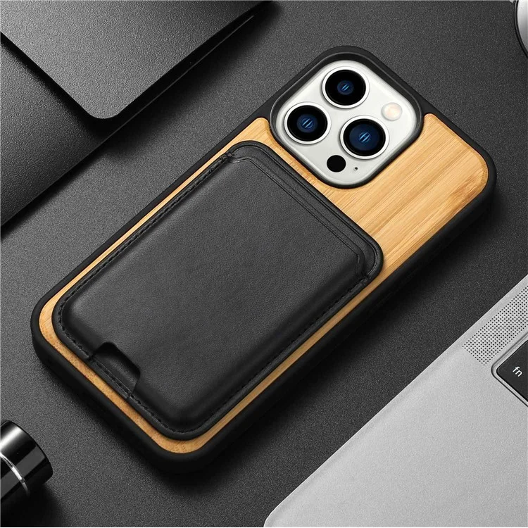 Деревянный Чехол, Совместим с Iphone 14 Plus TPU Edge Wood Phone Case Съемный Держатель Магнитной Карты Shockper Phone Cope - Бамбук