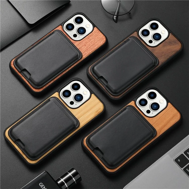 Деревянный Чехол, Совместим с Iphone 14 Plus TPU Edge Wood Phone Case Съемный Держатель Магнитной Карты Shockper Phone Cope - Бамбук