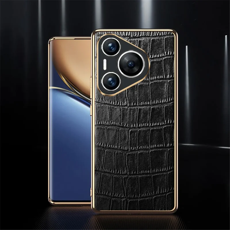 Para Huawei Pura 70 Pro / Pura 70 Pro+ Funda Textura de Cocodrilo Cuero Genuino de Vaca+TPU Funda de Teléfono - Negro