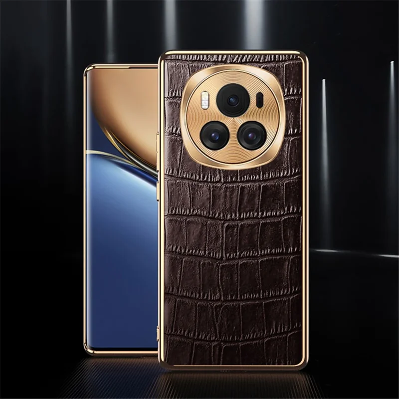 For Honor Magic6 5G Case Genuine Cow Leather+TPU Crocodile Texture Cell Phone Cover - Coffee
