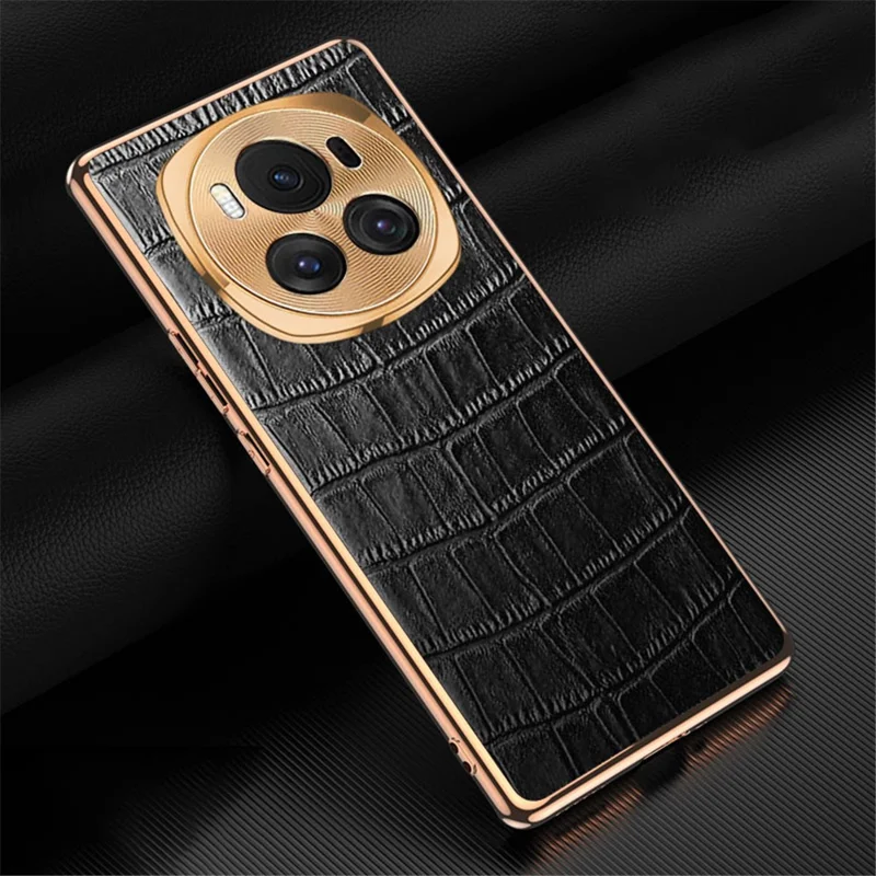 For Honor Magic6 5G Case Genuine Cow Leather+TPU Crocodile Texture Cell Phone Cover - Coffee