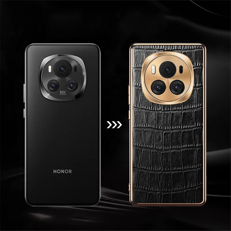 For Honor Magic6 5G Case Genuine Cow Leather+TPU Crocodile Texture Cell Phone Cover - Coffee