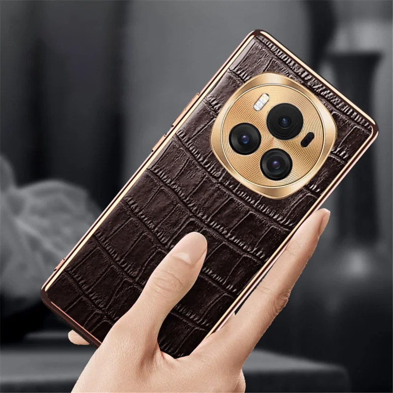 For Honor Magic6 5G Case Genuine Cow Leather+TPU Crocodile Texture Cell Phone Cover - Coffee