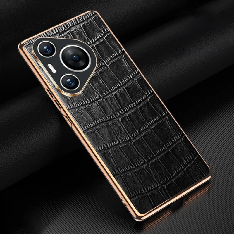 For Huawei Pura 70 Case Crocodile Texture Genuine Cow Leather+TPU Phone Cover - Black