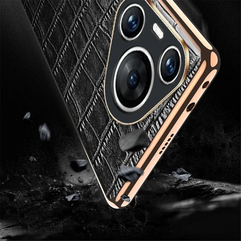 For Huawei Pura 70 Case Crocodile Texture Genuine Cow Leather+TPU Phone Cover - Black