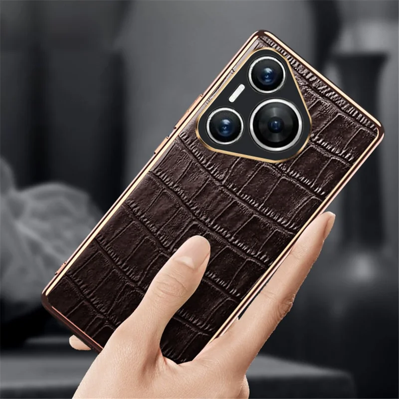 For Huawei Pura 70 Case Crocodile Texture Genuine Cow Leather+TPU Phone Cover - Black
