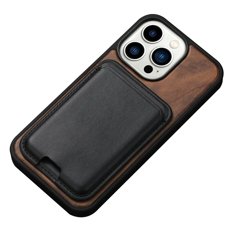 Para Iphone 14 Pro Max Wood Case TPU Edge Caixa de Madeira Caixa de Choque à Prova de Choque Com Suporte de Cartão Magnético Destacável - Noz