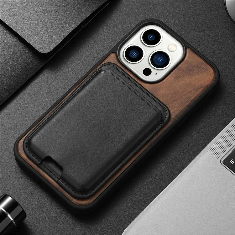 Para Iphone 14 Pro Max Wood Case TPU Edge Caixa de Madeira Caixa de Choque à Prova de Choque Com Suporte de Cartão Magnético Destacável - Noz