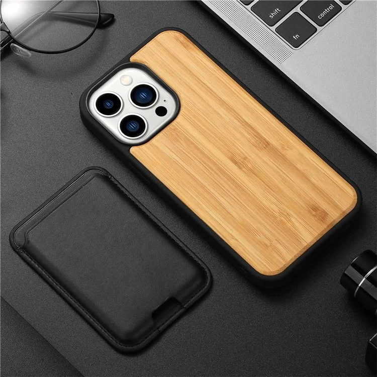 Para Iphone 14 Pro Max Wood Case TPU Edge Caixa de Madeira Caixa de Choque à Prova de Choque Com Suporte de Cartão Magnético Destacável - Noz