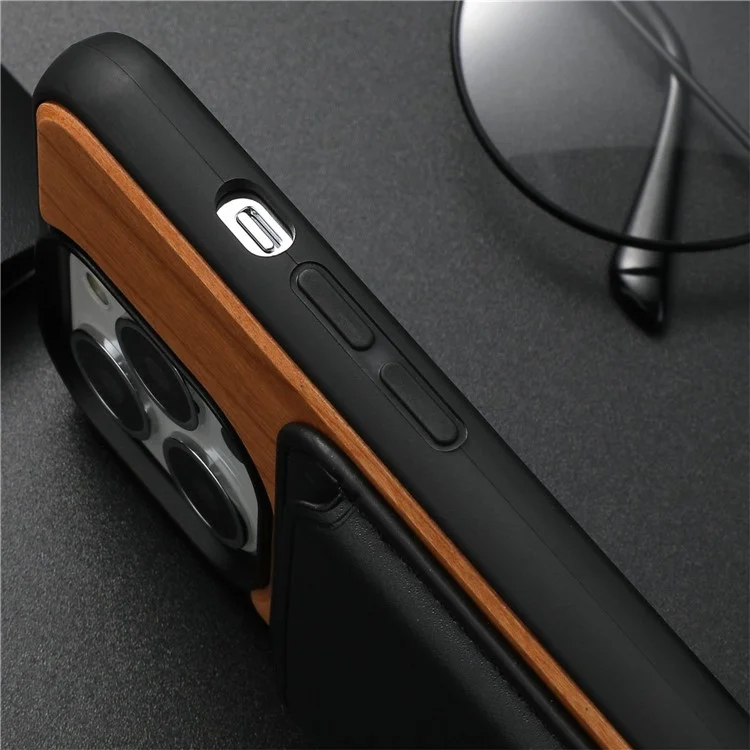 Para Iphone 14 Pro Max Wood Case TPU Edge Caixa de Madeira Caixa de Choque à Prova de Choque Com Suporte de Cartão Magnético Destacável - Noz