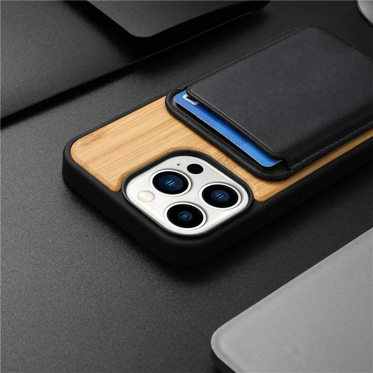 Para Iphone 14 Pro Max Wood Case TPU Edge Caixa de Madeira Caixa de Choque à Prova de Choque Com Suporte de Cartão Magnético Destacável - Noz