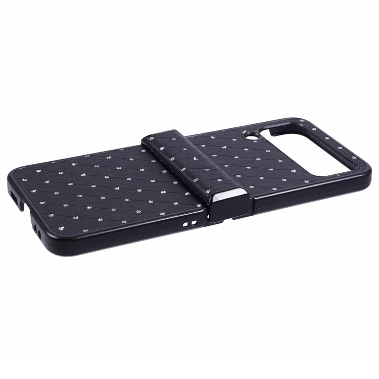 Чехол для Samsung Galaxy Z Flip4 5G, кожаный + пластиковое шарнирное ударопрочное покрытие, блестящие стразы - черный