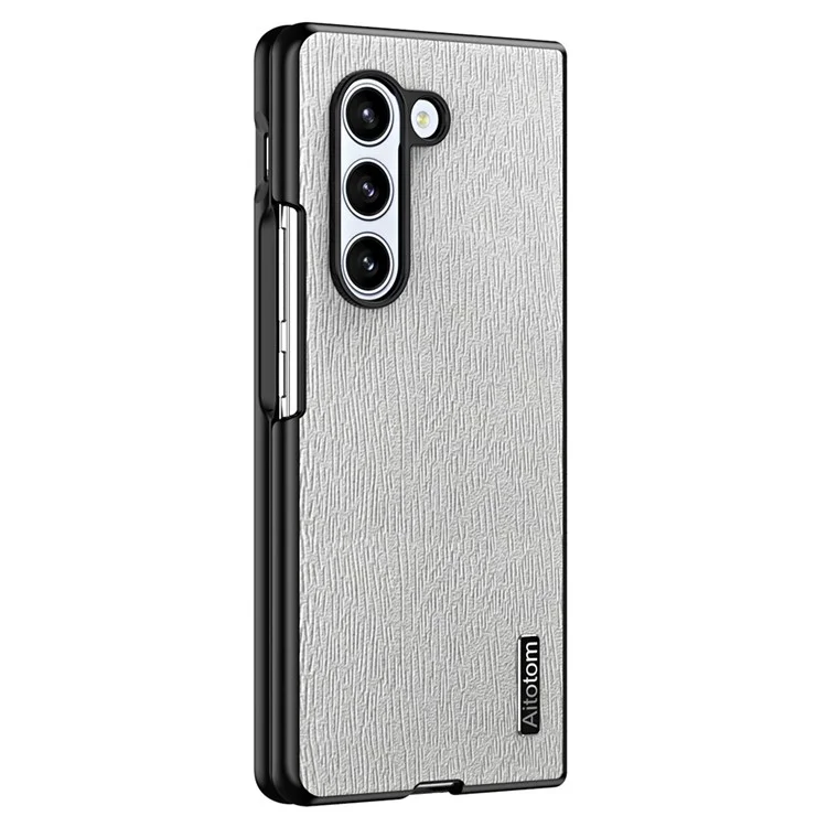 Per Samsung Galaxy Z Fold6 5G Case Leather+PC+TPU Hybrid Phone Cover Wood Texture - Grey