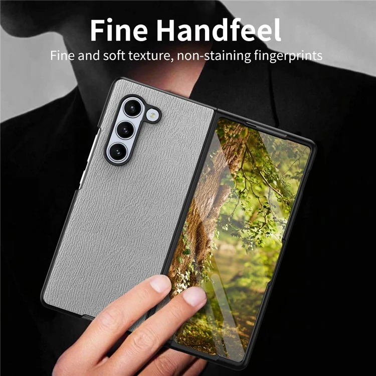 Per Samsung Galaxy Z Fold6 5G Case Leather+PC+TPU Hybrid Phone Cover Wood Texture - Grey