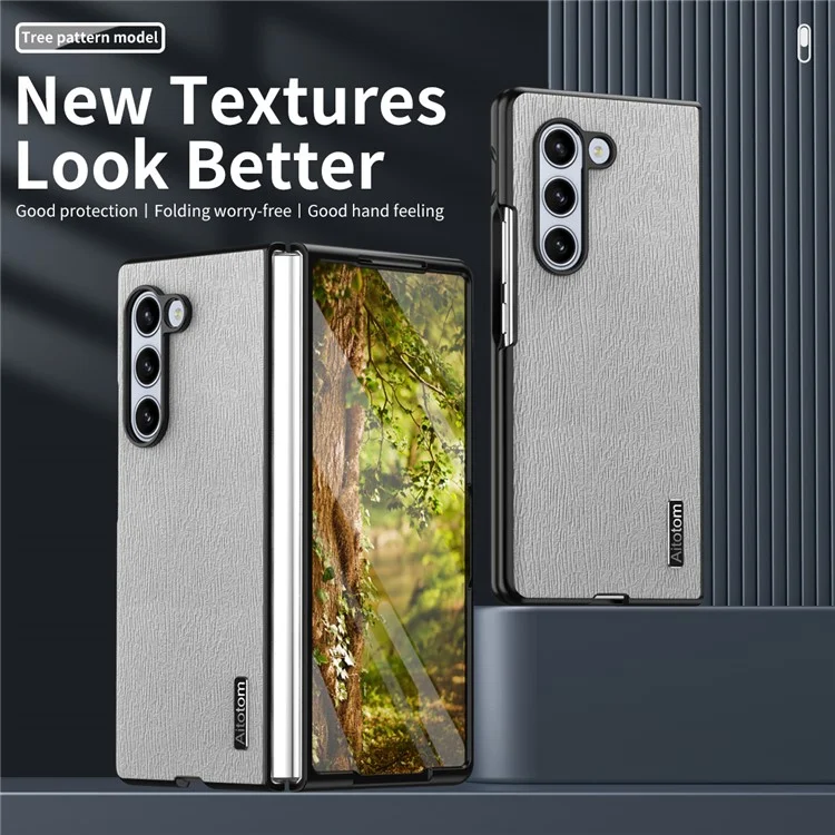 Per Samsung Galaxy Z Fold6 5G Case Leather+PC+TPU Hybrid Phone Cover Wood Texture - Grey