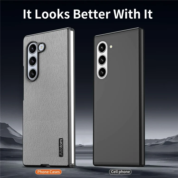 Per Samsung Galaxy Z Fold6 5G Case Leather+PC+TPU Hybrid Phone Cover Wood Texture - Grey