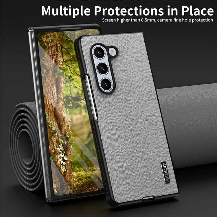Per Samsung Galaxy Z Fold6 5G Case Leather+PC+TPU Hybrid Phone Cover Wood Texture - Grey