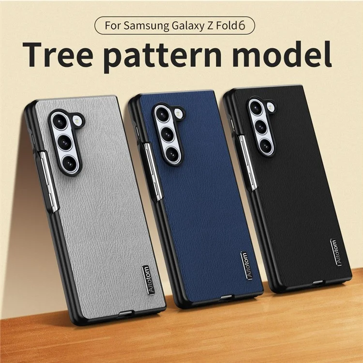Per Samsung Galaxy Z Fold6 5G Case Leather+PC+TPU Hybrid Phone Cover Wood Texture - Grey