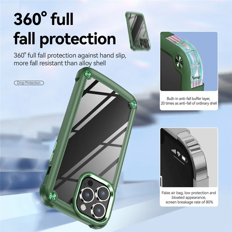 Para iPhone 16 Pro Max Case Hybrid PC + TPU Back Phone Cover com Alloy Lens Frame - Verde