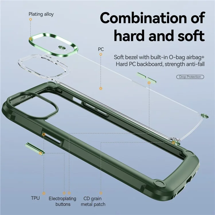 Para iPhone 16 Pro Max Case Hybrid PC + TPU Back Phone Cover com Alloy Lens Frame - Verde