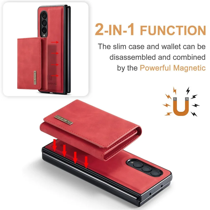 DG.MING M1 Series Phone Case for Samsung Galaxy Z Fold3 5G Detachable 2-in-1 Wallet Phone Case Anti-Drop Cell Phone Case - Red
