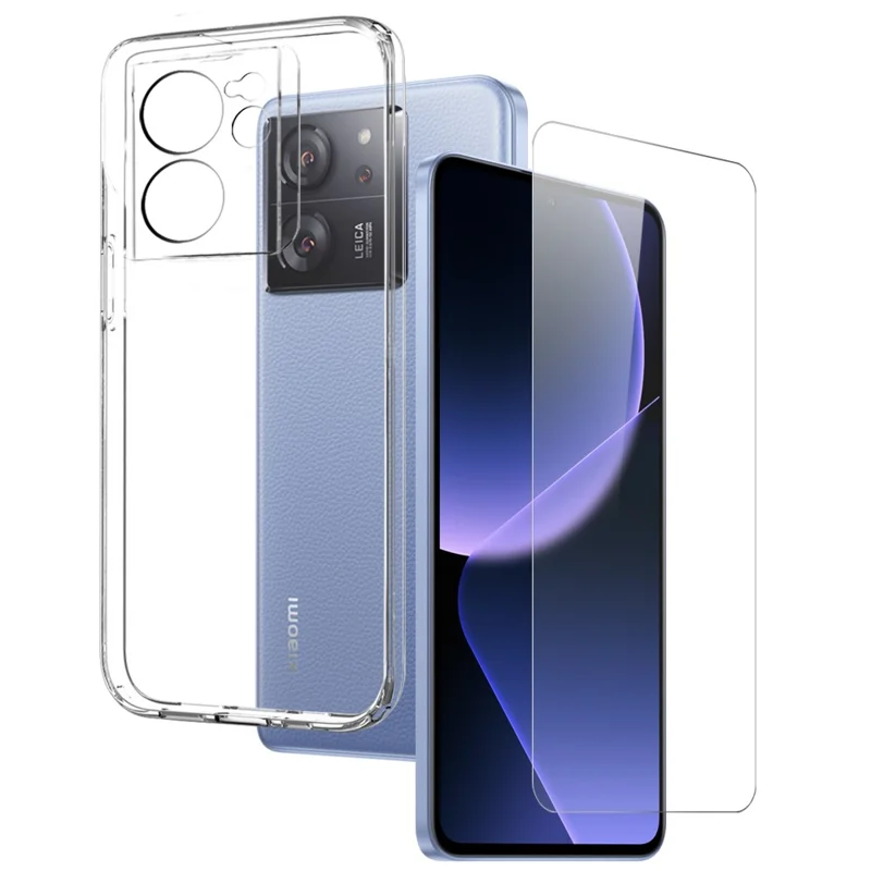 NORTHJO For Xiaomi 13T / 13T Pro Clear Case Soft TPU Phone Cover with 3D Curved Tempered Glass Film
