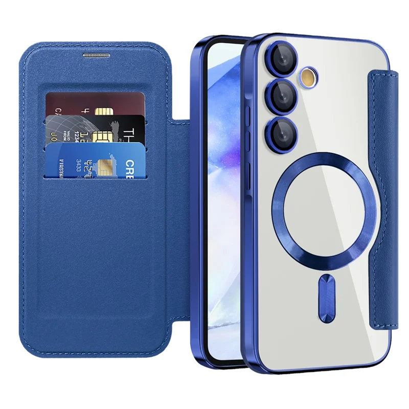 For Samsung Galaxy A55 5G Magnetic Case RFID Blocking Card Holder Leather Phone Cover - Sapphire