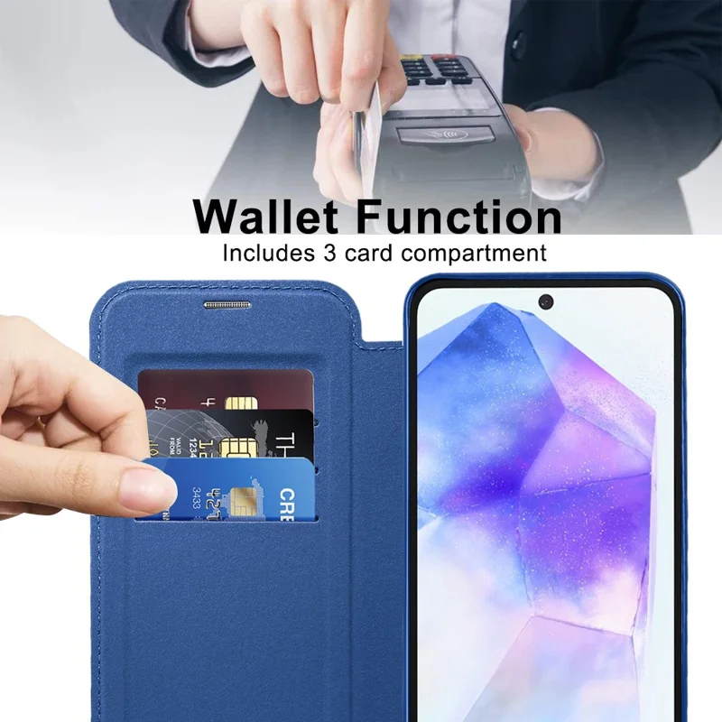 For Samsung Galaxy A55 5G Magnetic Case RFID Blocking Card Holder Leather Phone Cover - Sapphire